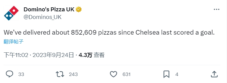 达美乐调侃蓝军:他们上次进球以来,我们已卖出852609份披萨