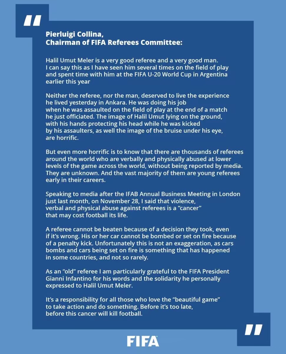 FIFA裁委会主席科里纳声援梅勒:癌症正杀死足球,要行动起来