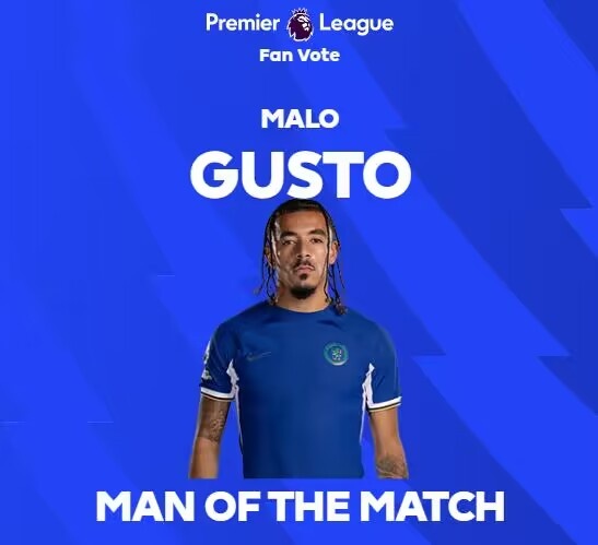 攻防俱佳!英超官方:古斯托当选切尔西2-1水晶宫全场最佳