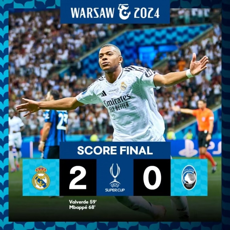 六夺欧超杯!皇马2-0亚特兰大全场数据:射门13-7,射正6-2